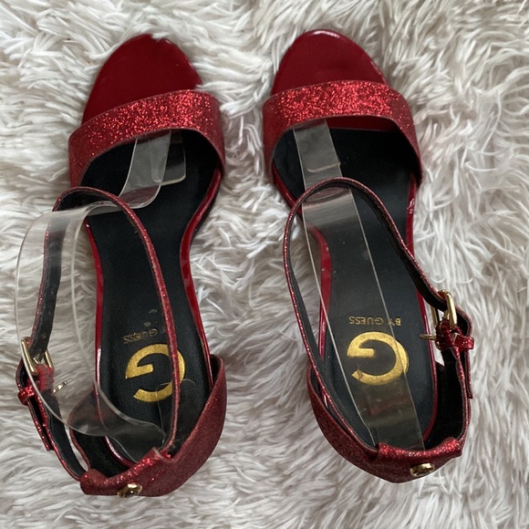 Womens Sz 7.5M red low stacked heel strap ankle wrapped glitter party sandals - Picture 7 of 13